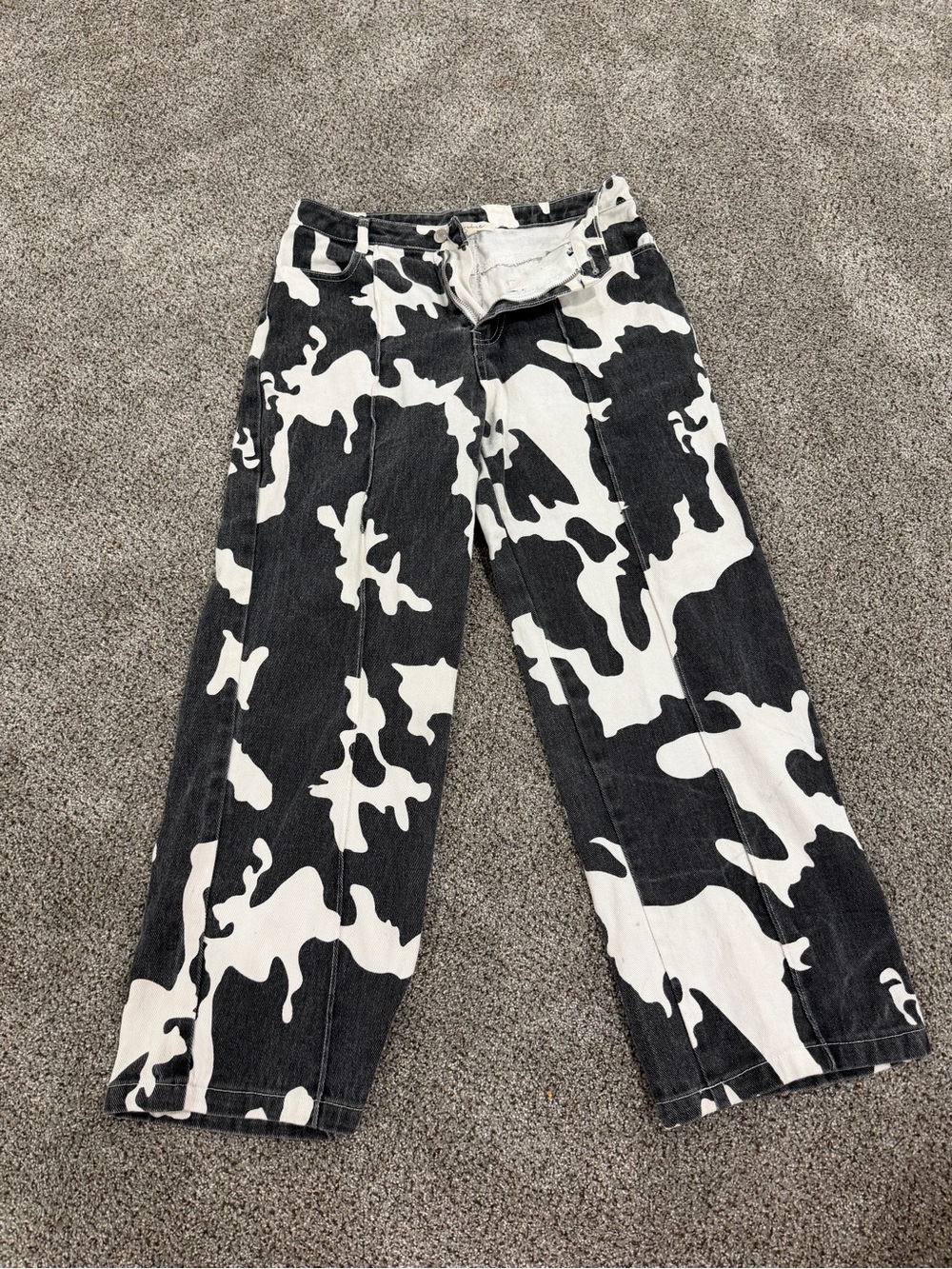 Black & White Cow Print Wide Leg Jeans - Women